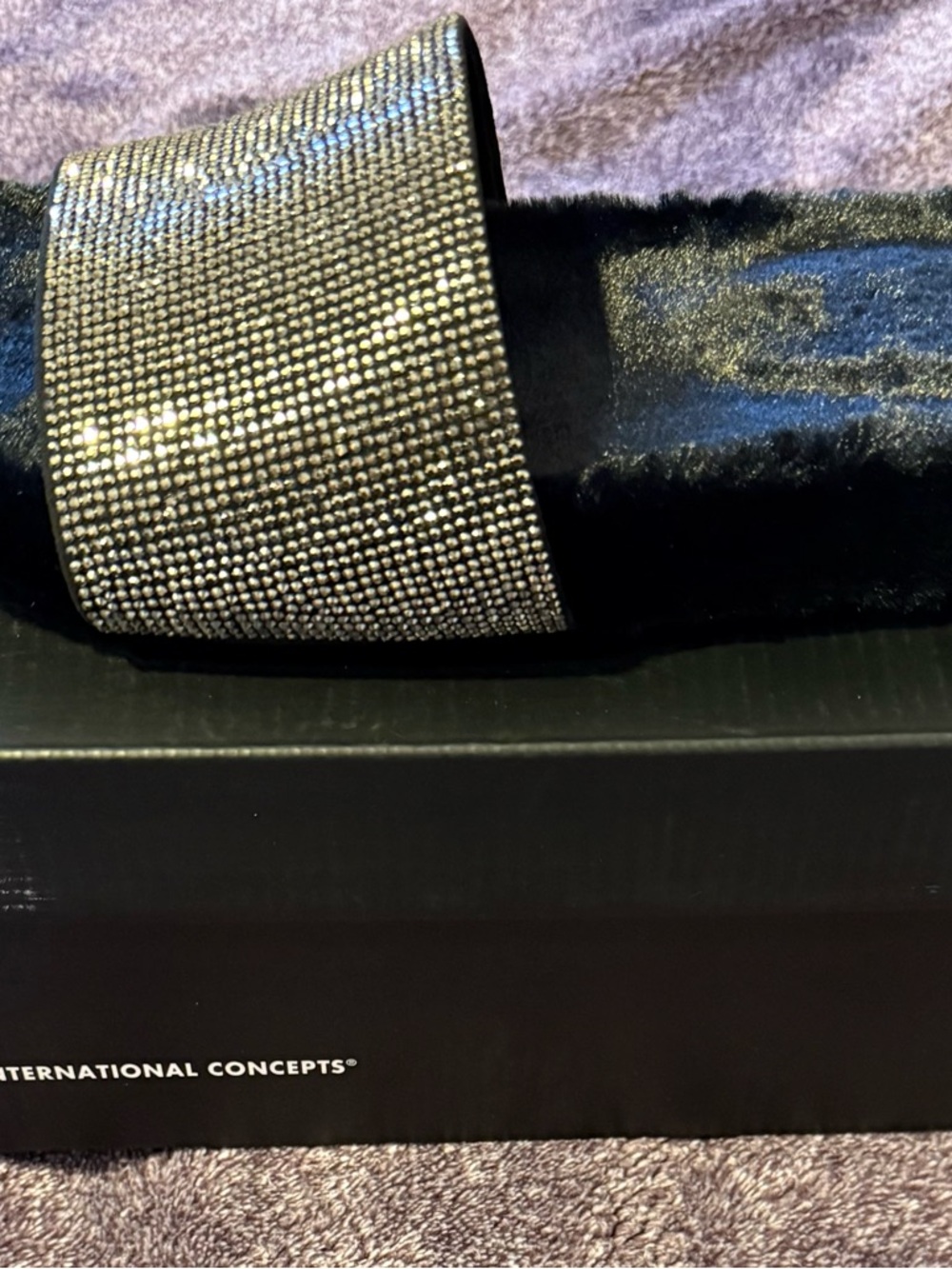 INC International Concepts Black Velvet Slide with Silver Rhinestone Strap